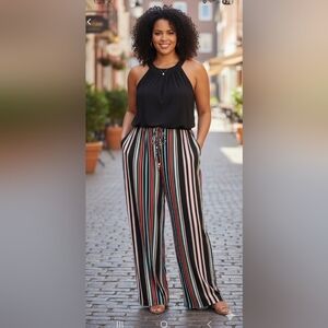Emma & Michele Black Halter Jumpsuit w/ Striped Wide Leg Pants Size L
